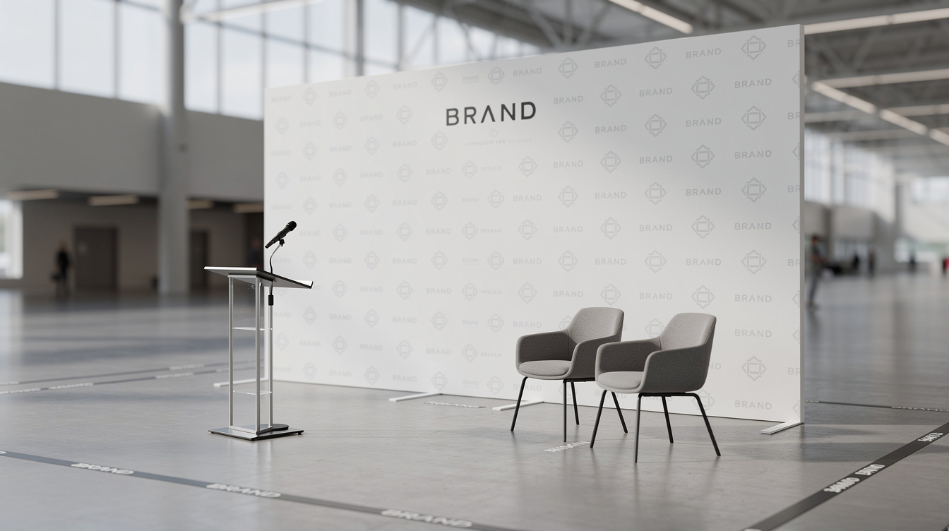 Organized press interview backdrop area with branded panels