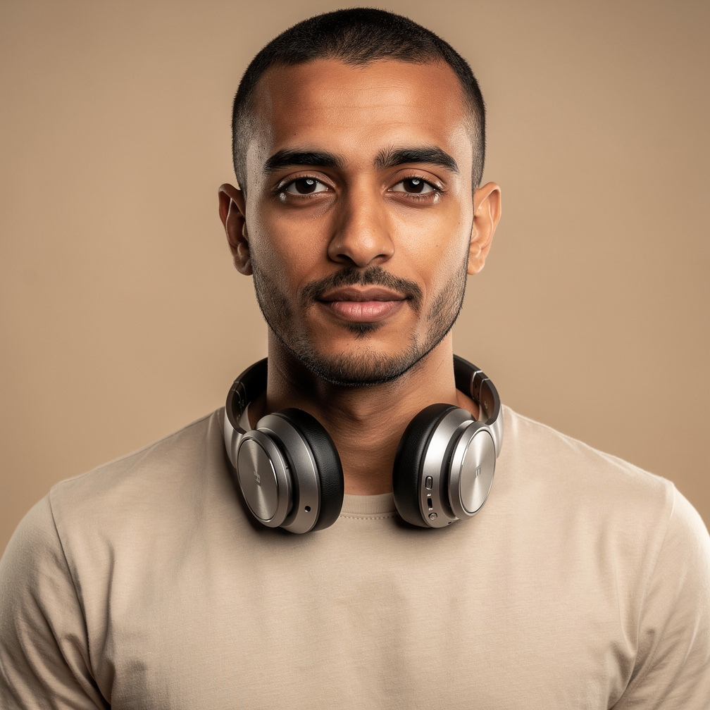 Studio portrait of a man of North African descent with a headset