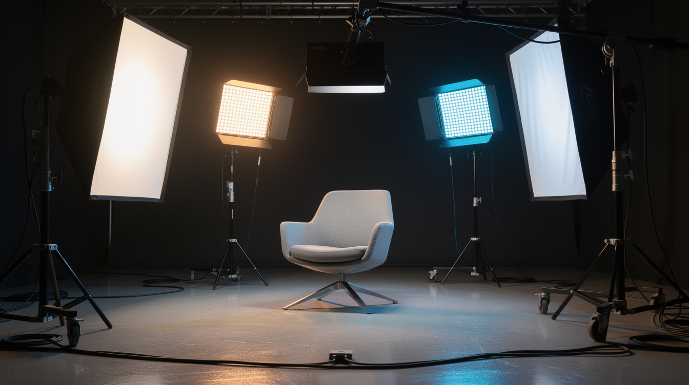 Softbox lighting rig set up for a television interview