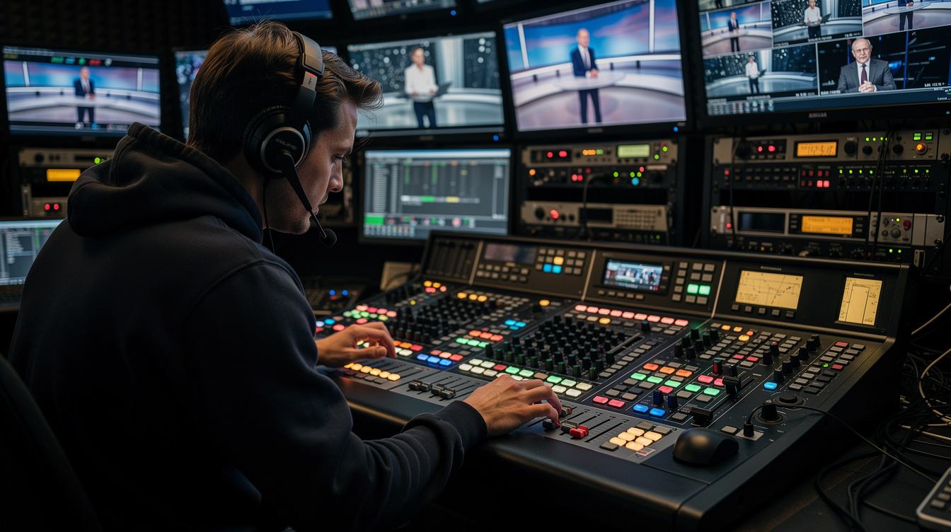 Production crew monitoring live video feeds on multiple screens