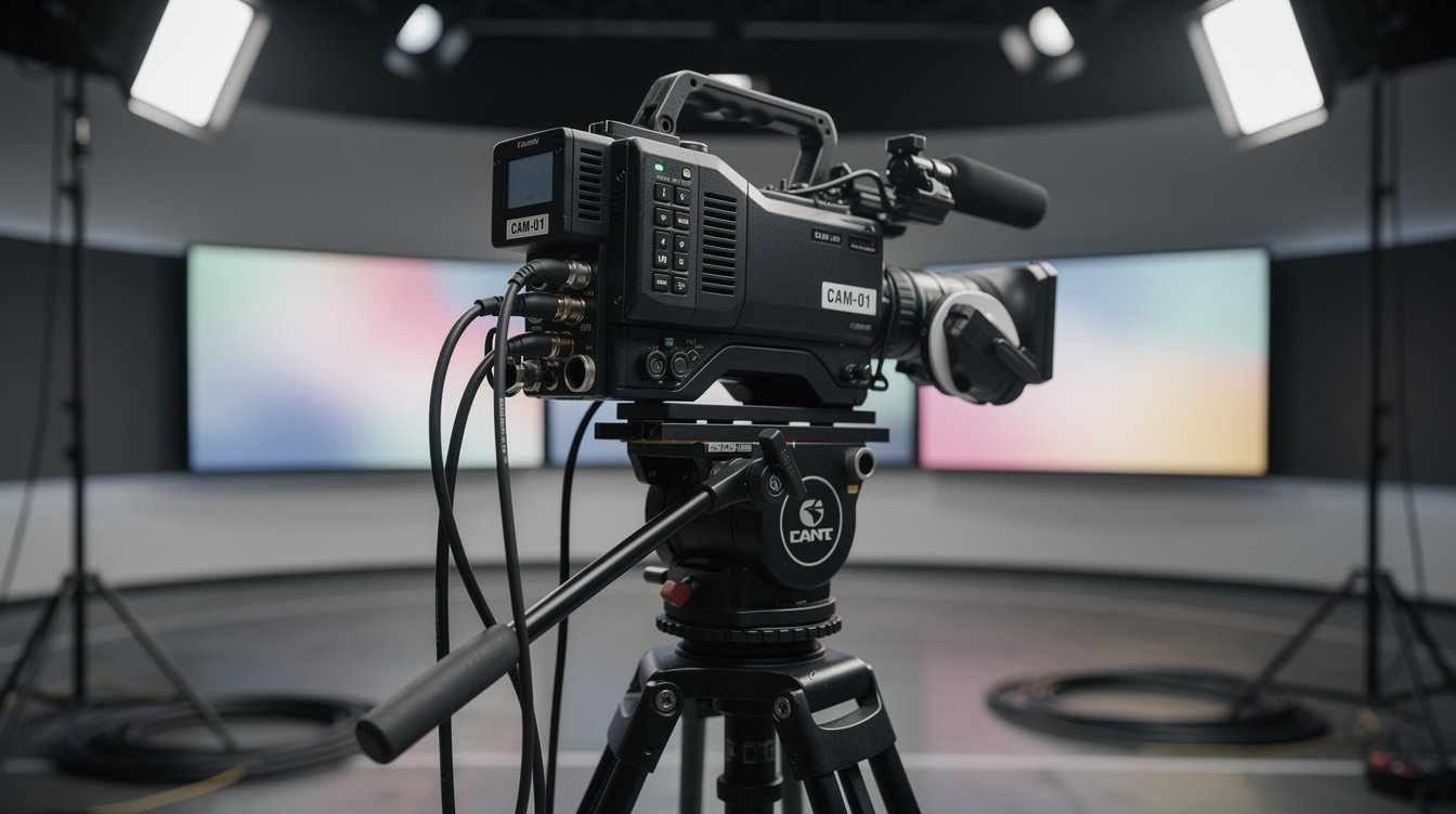 Professional broadcast camera mounted on a tripod in a studio