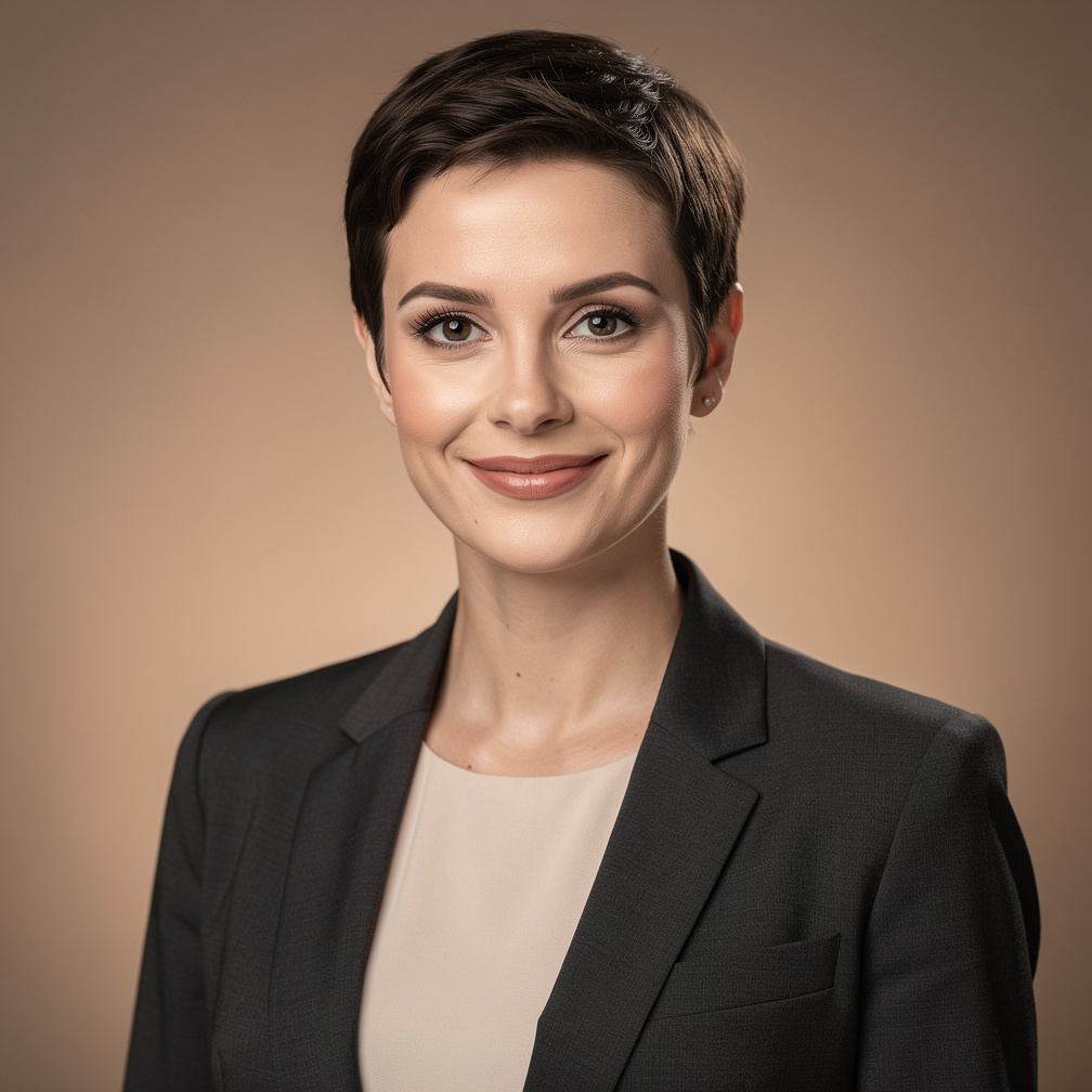 Studio portrait of a Belgian woman with short hair