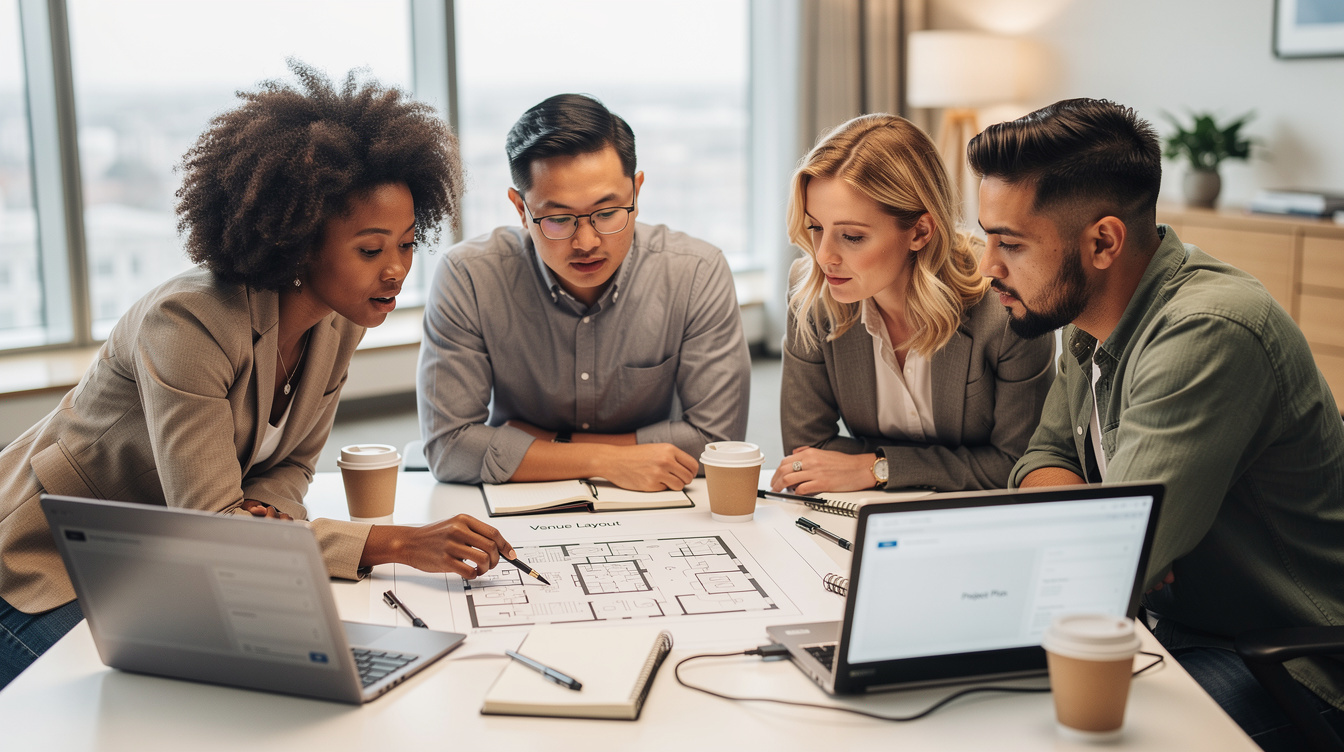 Team of media professionals reviewing a floor plan together