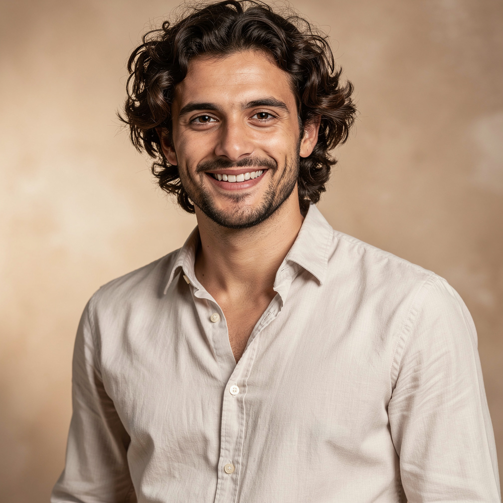 Studio portrait of a French man with curly hair