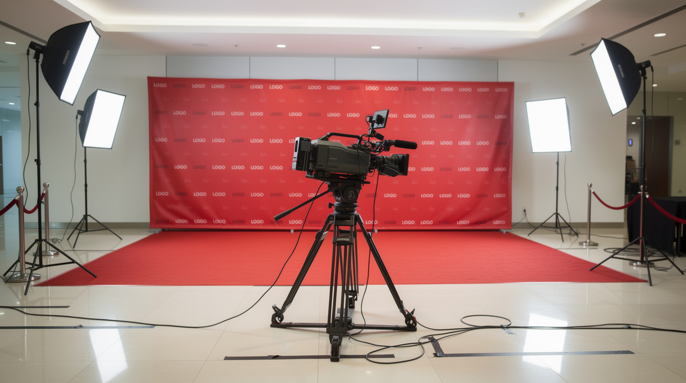 Organized interview zone with camera and lighting setup at an entertainment event