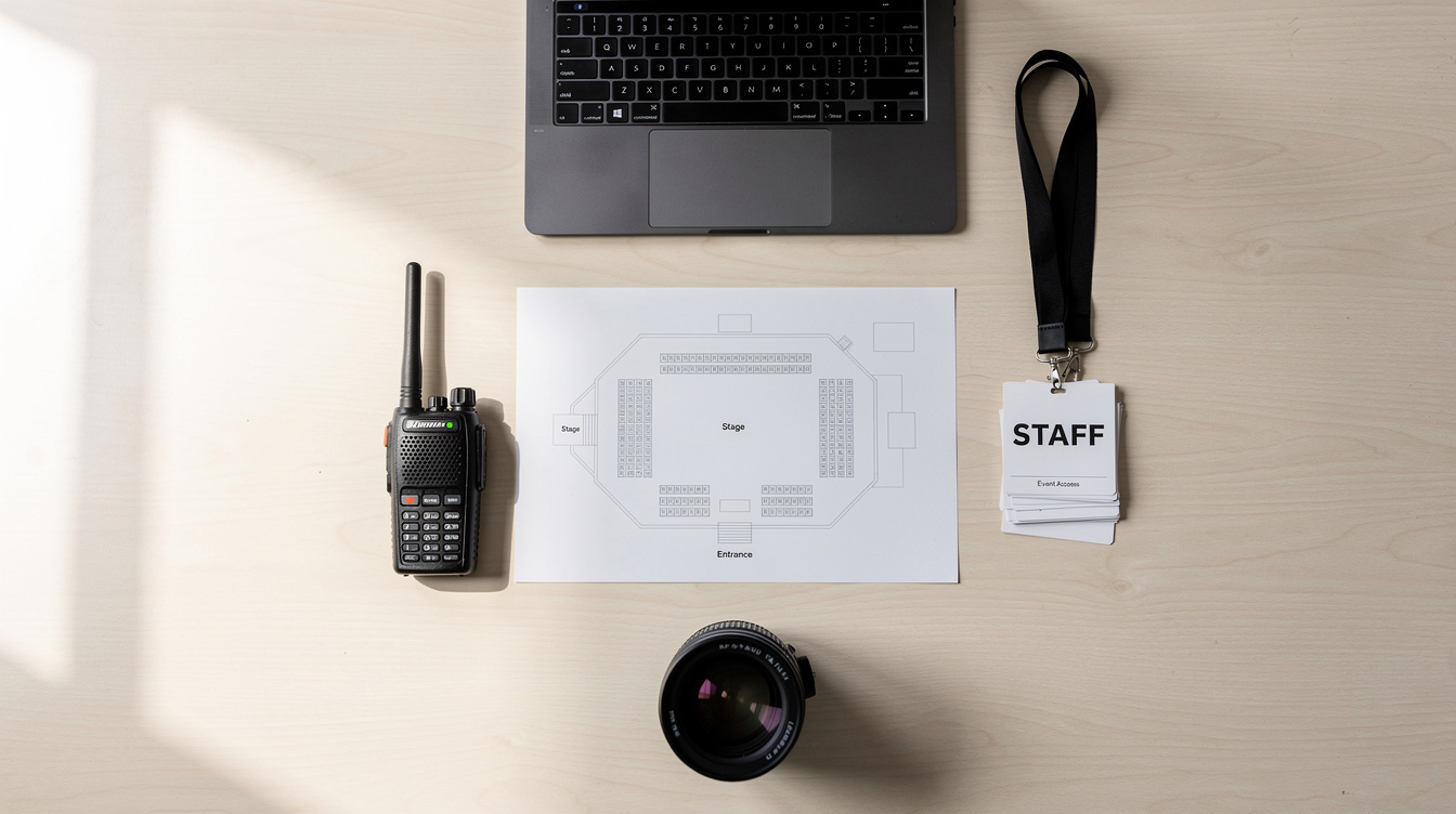 Overhead view of an event production desk with schedules and equipment