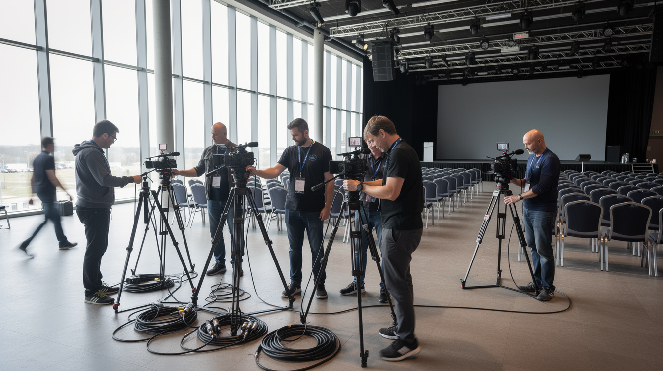 Crew members setting up camera equipment before a show