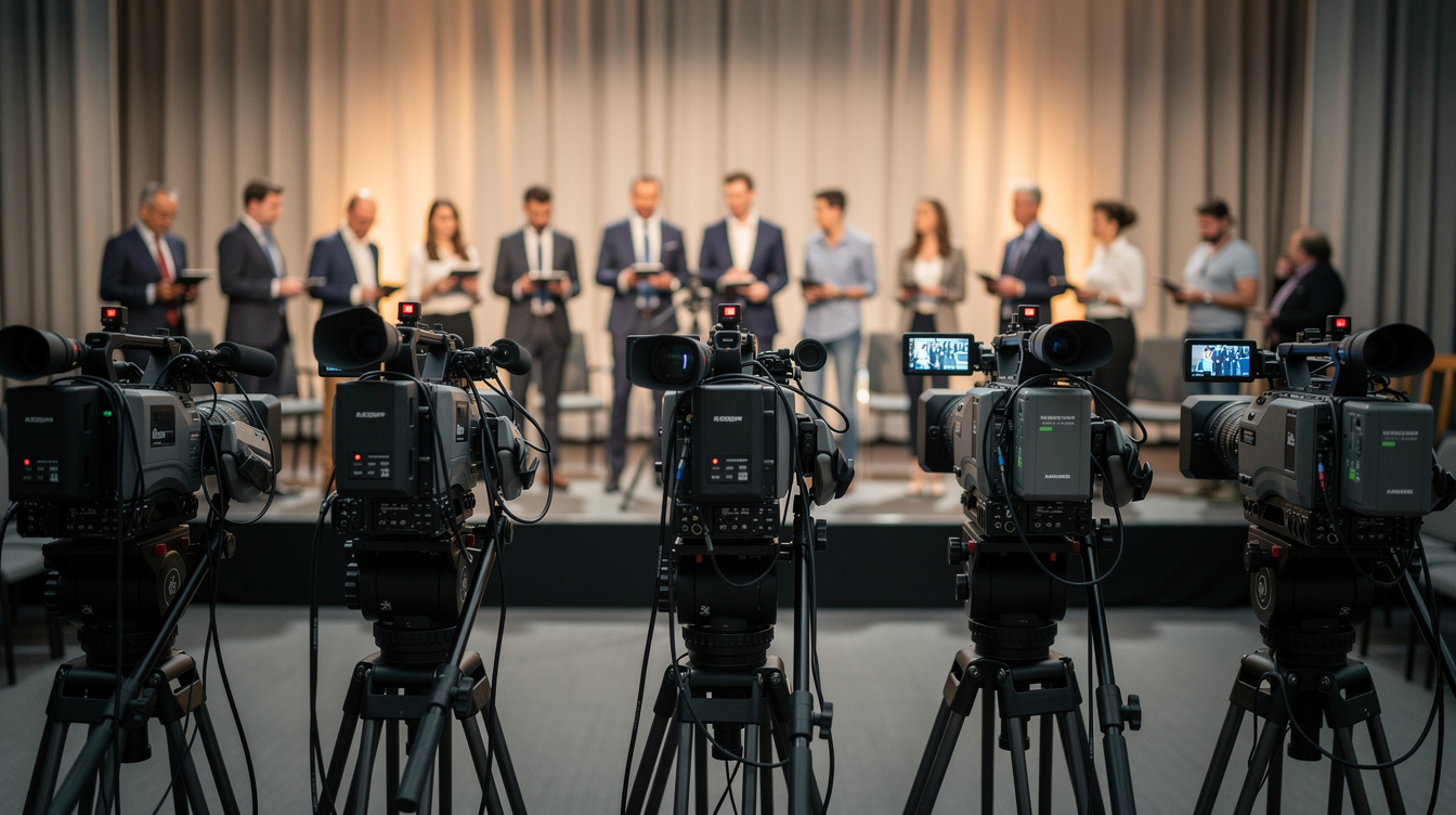 Press conference room with organized camera positions and lighting